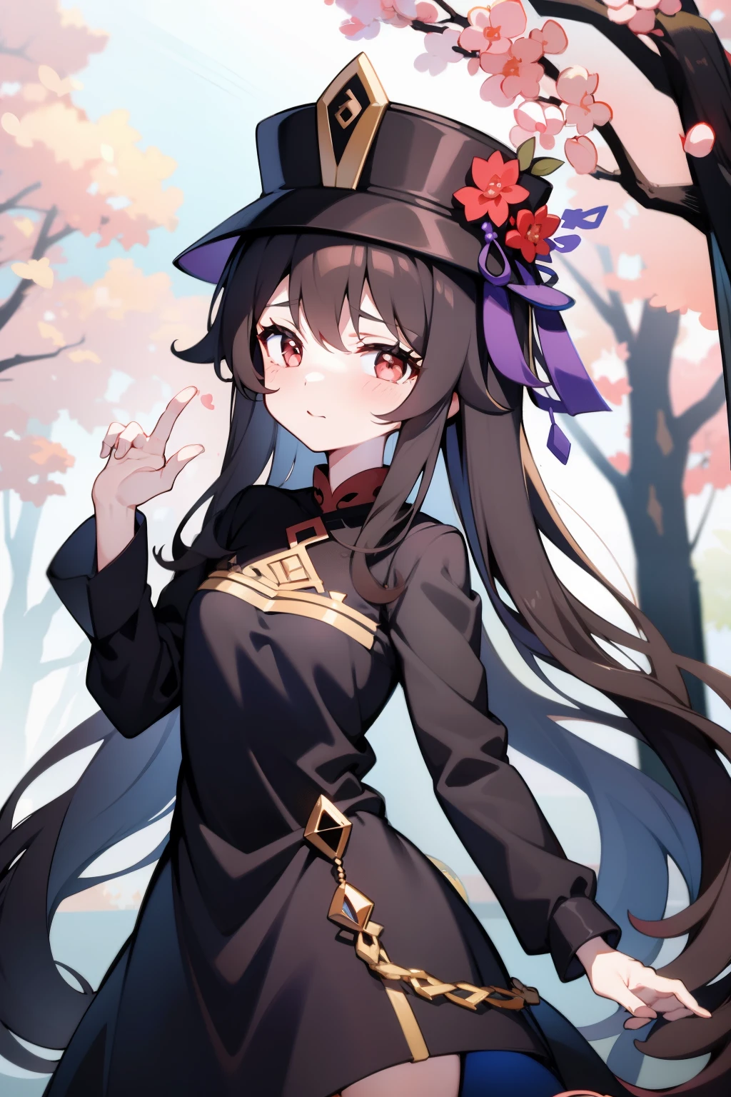 1girll,HuTao,Masterpiece,Best quality,Black tiara,dress,Hats,outside,ln the forest