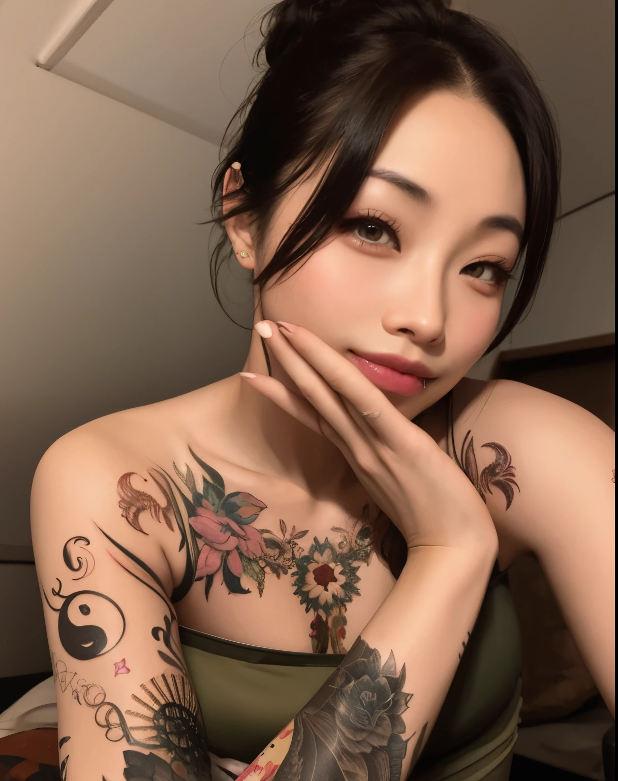 Un primer plano de una mujer con tatuajes en el pecho, de chica taiwanesa con tatuajes, Entintado, Asian girl, hyper detailed asian, Diosa japonesa, beautiful asian girl, 2 7 years old, 21-year-old, 2 2 years old, Chiho, Chica china, Yakuza Slim Chica, Hermosa modelo china, 2 8 years old, con tatuaje facial, con tatuajes