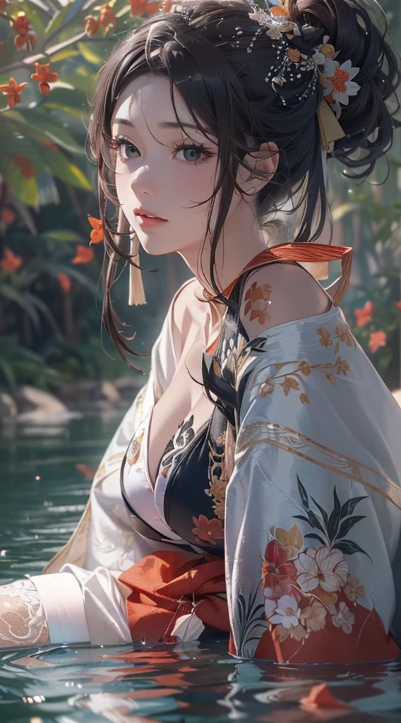 (((8k wallpaper of extremely detailed CG unit, ​masterpiece, 超A high resolution:1.2, top-quality:1.2, masutepiece, textures and maximum detail))), ((extremely beautiful lady, A dark-haired, de pele branca, White kimono, Red band:1.2, Undersized breasts)), ((The best lighting, extremely detailed beautiful face, Highly detailed black eyes, Very beautiful body, Top quality real texture skins)), (Exposed cleavage, Exposed shoulders and legs), paper lanterns:1.2, Eau, playing in the water, florals, Water surface reflection:1.2, hyper realisitic, digitial painting,