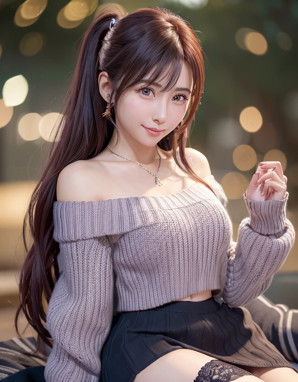 (Woman with long pink hair)、(off-the-shoulder sweater、Oversized sweater)、(Mini skirt)、(cross-legs sitting、Hands lying on thighs)、on the beds、Medium chest、Deep Valley、top-quality、masterpiece、illustratio、extremely delicate and beautiful、highlydetailed skin、nffsw、Unity、8k wallpaper、astonishing、finely detail、Highly detailed ticker Unity 8K wallpapers、huge filesize、hight resolution、 Stunning detailed eyes、Facial light、(The best illustrations:1.1)、(Best Shadows:1.1)、超A high resolution、(Photorealsitic:1.1)、(Photorealistic 1.2:1.1)、Realistic facial proportions、Slimed、A smile、Look at viewers、耳环、a necklace、hair pin、FULL BODYSHOT、(Dark night background: 1.2)、(bokeh dof:1.4)