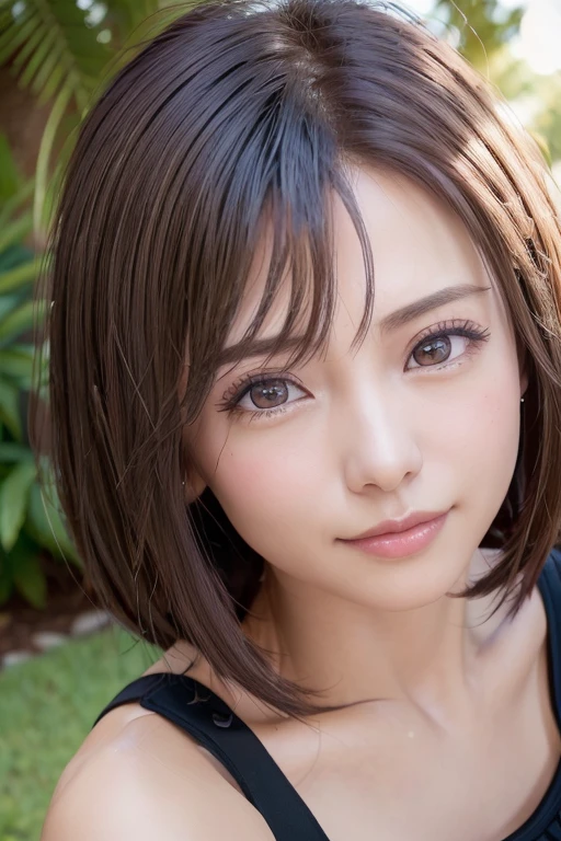 ((((masutepiece, Best Quality, High resolution)))), extremely detailed 8K, Beautiful girl with slim body, (Ultra HD, Ultra-detailed, Highly detailed, Highly realistic, Ultra-realistic, photos realistic), (1girll), short wavy hair, bob cuts, facing at camera, lightsmile, Purple eyes, (beautifull detailed face, Beautiful detailed eyes), Sweat, (rays of sunshine, Sunlight)，