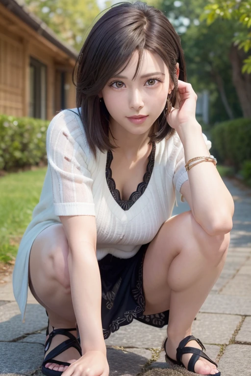 ((((masutepiece, Best Quality, High resolution)))), extremely detailed 8K, (Ultra HD, Ultra-detailed, Highly detailed, Highly realistic, Ultra-realistic, photos realistic), (1girll), short wavy hair, bob cuts, facing at camera, lightsmile, Purple eyes, (beautifull detailed face, Beautiful detailed eyes), Sweat, (rays of sunshine, Sunlight),crouching down