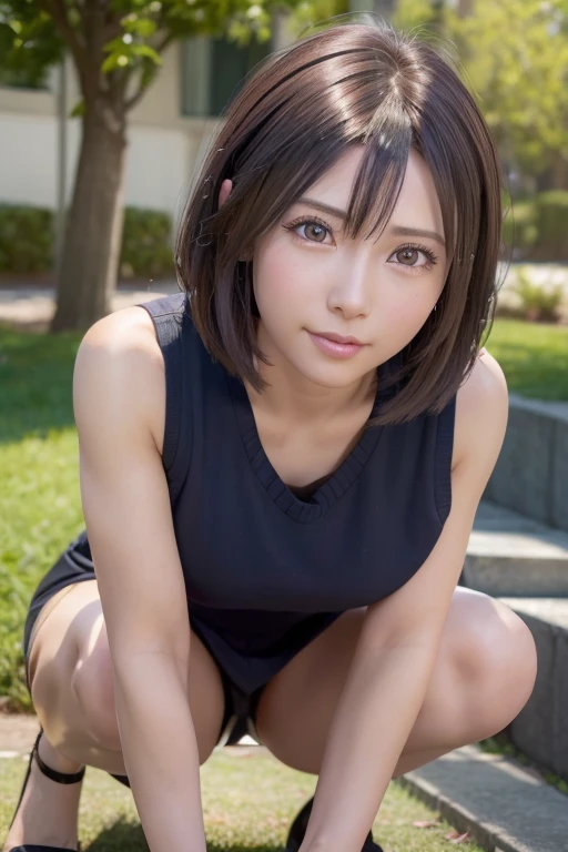((((masutepiece, Best Quality, High resolution)))), extremely detailed 8K, (Ultra HD, Ultra-detailed, Highly detailed, Highly realistic, Ultra-realistic, photos realistic), (1girll), short wavy hair, bob cuts, facing at camera, lightsmile, Purple eyes, (beautifull detailed face, Beautiful detailed eyes), Sweat, (rays of sunshine, Sunlight),crouching down