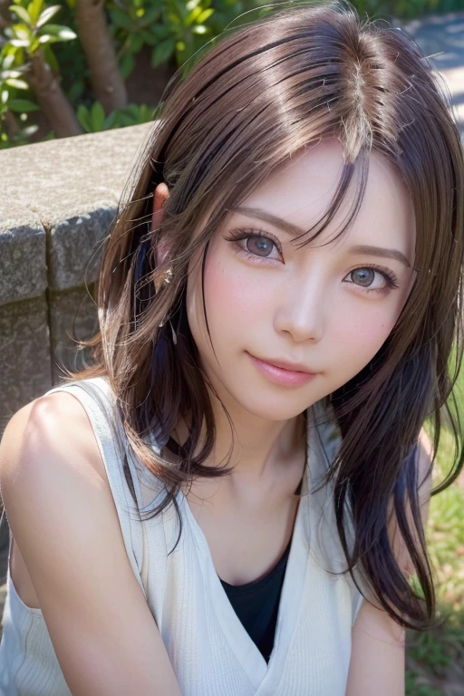((((masutepiece, Best Quality, High resolution)))), extremely detailed 8K, (Ultra HD, Ultra-detailed, Highly detailed, Highly realistic, Ultra-realistic, photos realistic), (1girll), short wavy hair, facing at camera, lightsmile, Purple eyes, (beautifull detailed face, Beautiful detailed eyes), Sweat, (rays of sunshine, Sunlight)，Sit up