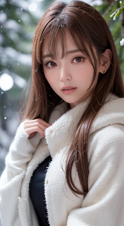 1womanl, up of face, light brown hair, Blunt bangs, hair behind ear, hair over shoulder, Long hair, slender body shape, Ultra Fine Face, Thin face, Delicate lips, Beautiful eyes, thin blush, eyes are light brown,View here, Ultra-thin hands, Ultra-fine fingers, best ratio four finger and one thumb, (realisitic:1.3), White cloak coat. muffler,gloves、Coniferous forest with heavy snowfall, It's snowing.One-person viewpoint, Fuji Film, 8K, masutepiece, nffsw, Super Detail, High quality, Best Quality, hight resolution,