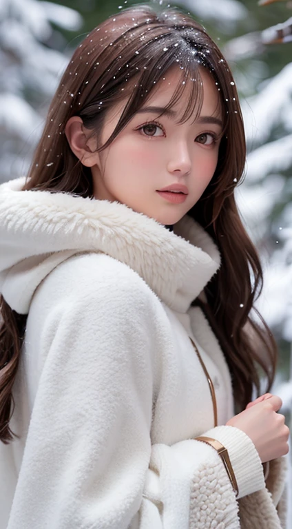 1womanl, up of face, light brown hair, Blunt bangs, hair behind ear, hair over shoulder, Long hair, slender body shape, Ultra Fine Face, Thin face, Delicate lips, Beautiful eyes, thin blush, eyes are light brown,View here, Ultra-thin hands, Ultra-fine fingers, best ratio four finger and one thumb, (realisitic:1.3), White cloak coat. muffler,gloves、Coniferous forest with heavy snowfall, It's snowing.One-person viewpoint, Fuji Film, 8K, masutepiece, nffsw, Super Detail, High quality, Best Quality, hight resolution,