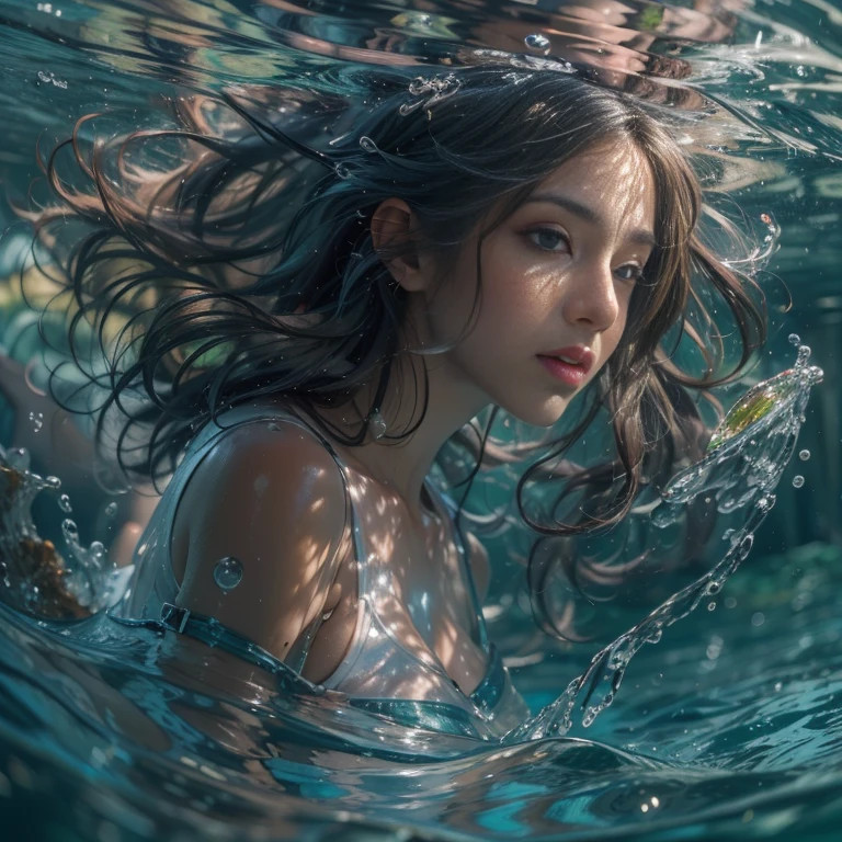 A handsome and sunny boy with his head submerged in water, captured in a close-up shot from underwater. The water ripples reflect the strong light, and there are schools of fish scattering around him. The digital painting is full of vivid and dreamy colors, with a romantic and vibrant ocean scenery. The view is from a high angle, and the artwork is created using Blender with ray tracing to simulate realistic lighting. This illustration design is perfect for capturing the beauty of the underwater world. --ar 9:16 --q 5 --niji 5