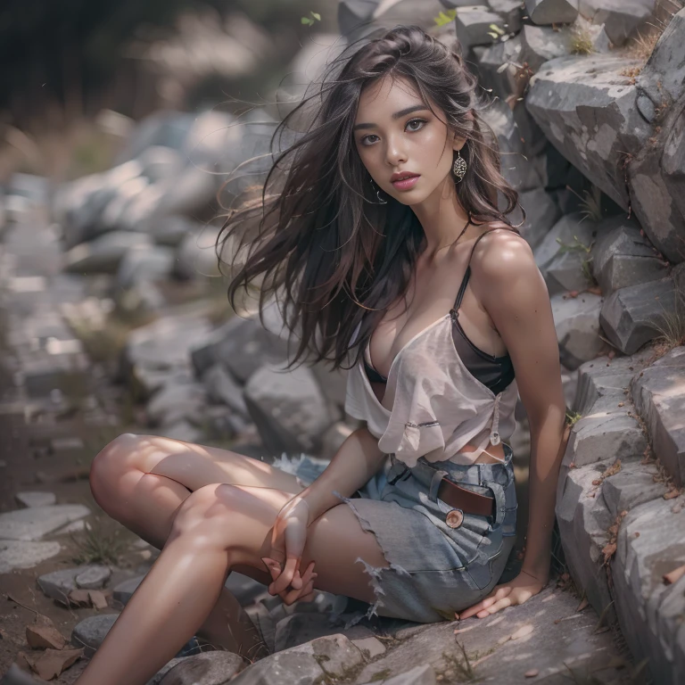 Create the most beautiful woman image, Compared to South America,Creel, Beautiful teen girl are the most beautiful, Pretty girl, Mujer bonita, arte (imagen:1.3), (Estilo de portada:1.3), modaab, Mujer, Vibrante, vestimenta, posando en un firmamento dramatico, posando como wifu, frente, De color, fondo, asombroso, moderno, trendy, moda, Cara detallada, Piel impecable, ojos detallados, ojos perfectos, sexy young, full body shoot, on the floor, wild street, rustic stones, POSE ELEGANTE, seductora, mirada seductora, long legs, cuerpo delgado, top model