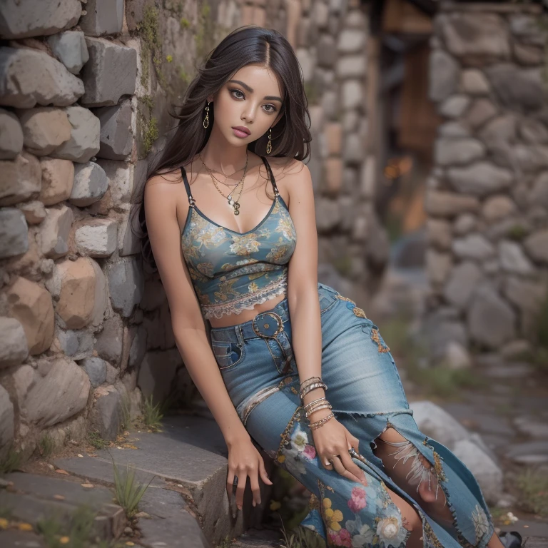 Create the most beautiful woman image, Compared to South America,Creel, Beautiful teen girl are the most beautiful, Pretty girl, Mujer bonita, arte (imagen:1.3), (Estilo de portada:1.3), modaab, Mujer, Vibrante, vestimenta, posando en un firmamento dramatico, posando como wifu, frente, De color, fondo, asombroso, moderno, trendy, moda, Cara detallada, Piel impecable, ojos detallados, ojos perfectos, sexy young, full body shoot, on the floor, wild street, rustic stones, POSE ELEGANTE, seductora, mirada seductora, long legs, cuerpo delgado, top model