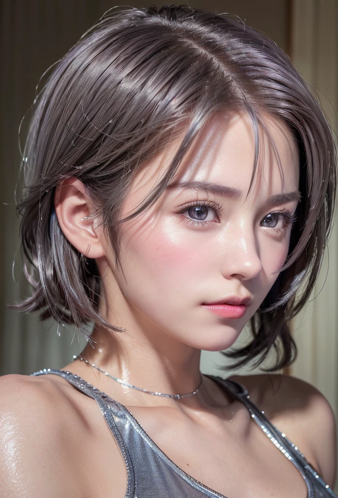 (8K, Photorealistic, Raw photo, of the highest quality: 1.3), (1girl in), Super beautiful, (Realistic face), (boyish, Silver Color Berry Shorthair), Beautiful , Glare that captivates the viewer, Beautiful expression, Beautiful breasts, (Realistic skin), Beautiful...