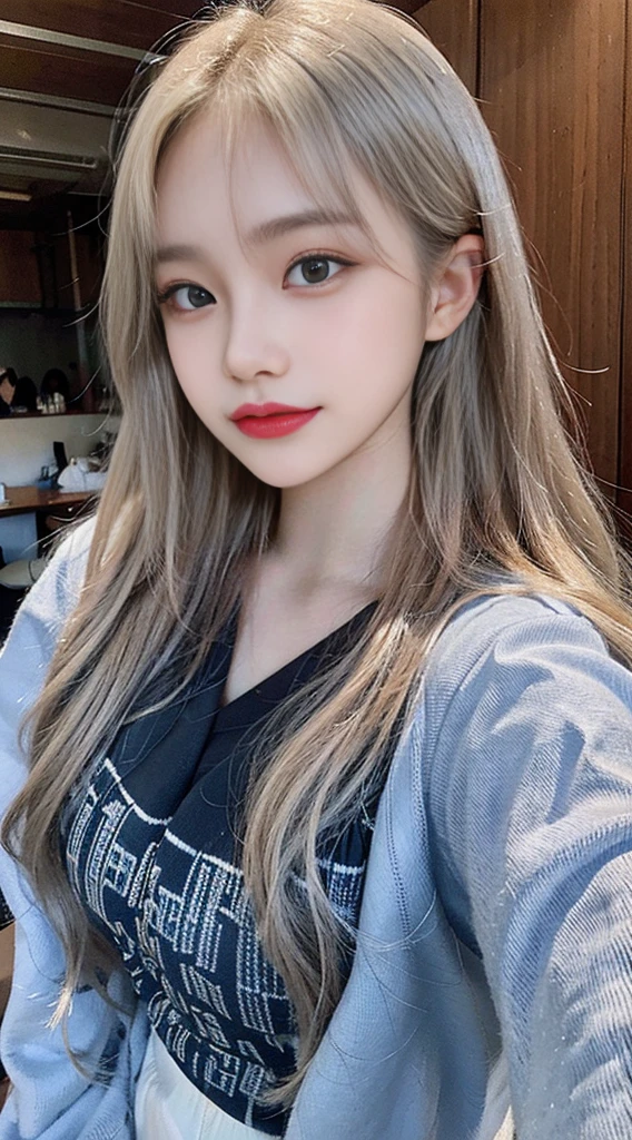 1 girl, Super long hair, Beautiful and cute 20-year-old beautiful girl、Beautiful bangs、Very beautiful face、bright expression、Beautiful blue eyes, Bright and dazzling platinum blonde、Long straight hair、Eyebrows behind bangs、student clothes、School Uniforms、textured white skin, high details, Best Quality, 8K High Resolution、glowy skin