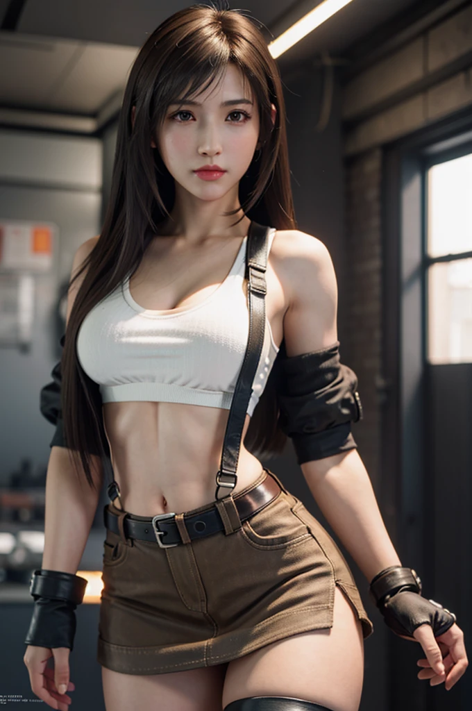 8K,top-quality,Real Image,intricate detailes,超A high resolution,Depth Field,masuter piece,natural soft light,profetional lighting,1 girl in,(cute little:1.2),Very beautiful 17 year old cartoon girl, photorealistic anime girl render, realistic anime 3 d style,A detailed eye,((Brown-eyed)),(Brown hair),(bangss), (((FF7)))(((Tifa))),(Tifa:1.2,Solo), Blake Super Detail Face, Detailed eyes, (light brown hair, Large breasts: 1.2), (suspenders、lowrise、a miniskirt、Tank Tops、Tense shirt),Industrial Control Systems ,((natta))