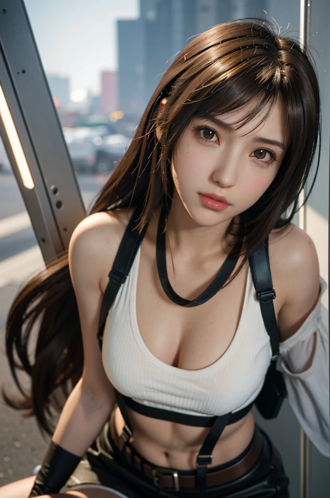 8K,top-quality,Real Image,intricate detailes,超A high resolution,Depth Field,masuter piece,natural soft light,profetional lighting,1 girl in,(cute little:1.2),Very beautiful  cartoon girl, photorealistic anime girl render, realistic anime 3 d style,A detailed eye,((Brown-eyed)),(Brown hair),(bangss), (((FF7)))(((Tifa))),(Tifa:1.2,Solo), Blake Super Detail Face, Detailed eyes, (light brown hair, Large breasts: 1.2), (suspenders、lowrise、a miniskirt、Tank Tops、Tense shirt),Industrial Control Systems ,((natta))