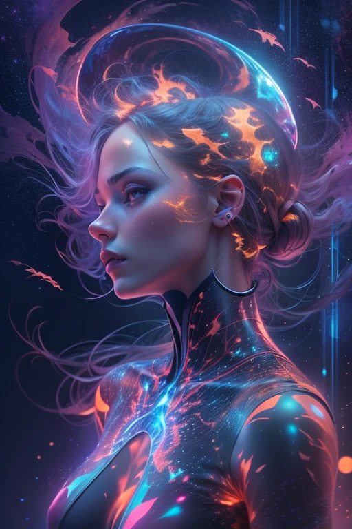 (multiple exposure:1.8),Dubrec style,Girl virtual holographic digital avatar,Futuristic magnificent starry sky image foreground,psychedelic starry sky,In space,Complex illustrations in surrealist art style,Surreal dreams,Become an invisible virtual hologram,Transparent person avatar,Virtual holographic digital image,Surreal art, 4K surrealism, Surreal portrait, Beautiful surreal portrait, hyperrealistic digital art, surreal and fantasy art, hyperrealistic digital art, surrealist portrait, Surreal art, Emotional Surreal Art, fantasy surrealism, 8k surrealism, Surreal conceptual art