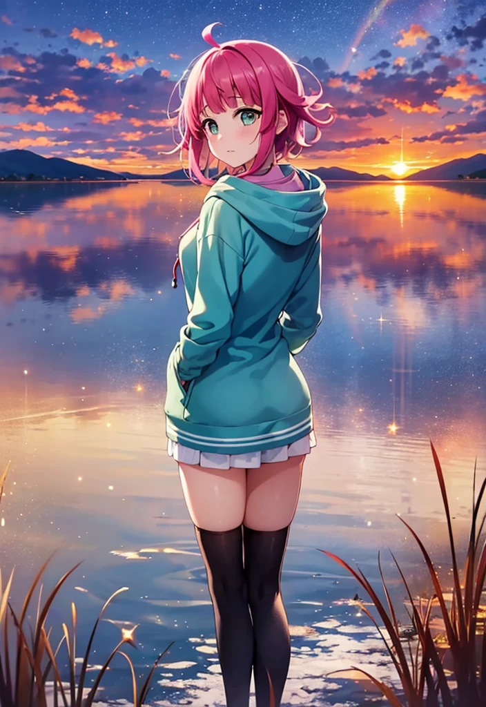 1girl, solo, tennouji rina, short hair, pink hair, ahoge, long hoodie, o, thighhighs, blush, looking at viewer, expressionless, small breasts, perfect face,, etailed light, (1 girl:1.5), 独奏, autumn, (Sunset:1.4), (orange and dark blue sky), clean sky, (From Bottom:0.4), (Reed:1.5), Dark, Slim, aqua eyes, drop of water on face, standing in a lake, (feet in water), Hands Behind Your Back, Look at the sky, reflection, Lake, Reed, Mountains in the distance, Nature, rocks, rocks, rivers, clouds and stars, clouds between the slopes of the mountains, clean sky, remote,