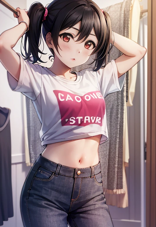 Girl standing posing, Anime girl style, pale light yellow skin, two pigtails wavy black hair, black hat, short white shirt, open black jacket, ripped jeans, white tennis shoes, silver chain necklace, golden circle earrings, smiling face closing eyes with blush, pussy, standing up in her bedroom, lencería,NSFW,breeches, babydoll, body, usando calzon negro y brasier negro, tiene pene, tiene pene en su vagina 