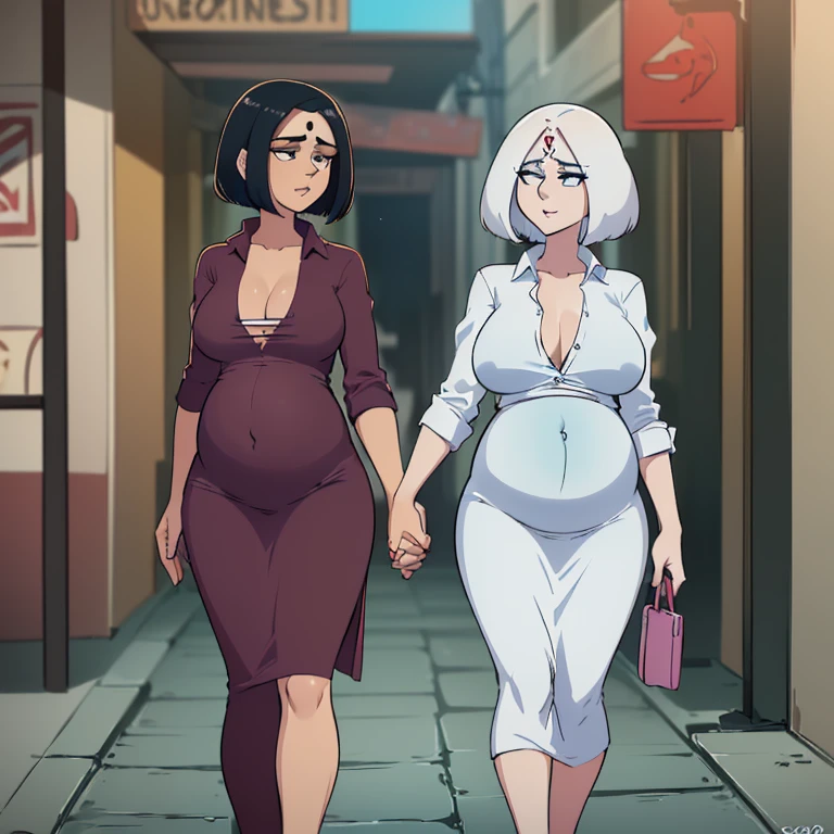 (((1 mulher, com longos cabelos pretos, Seios enormes, completely naked, pregnant)),((1 mulher magra com saia muito curta e camisa muito curta)),2 women walking hand in hand on the street during the day ,