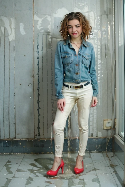 tall thin European woman standing in office, (((white office pants))), (mint green blouse), black belt, (white high heels), (((bright lighting))), (((show heels))), (short curly red hair), blue eyes, inviting smile, carnal, peeing her jeans, jeans wet with pee down the legs, pee, peeing, self wetting, wetting self, shoes wet with pee, shoes filled with pee, standing in puddle of pee, thighs wet with pee, (shins wet with pee), ((jeans are shiny wet with pee)), jeans legs wet with pee, front pockets wet with pee, (pee following folds on front of jeans), ((jeans legs really soaked in pee)), pee spreading down legs, pee spreading on shins