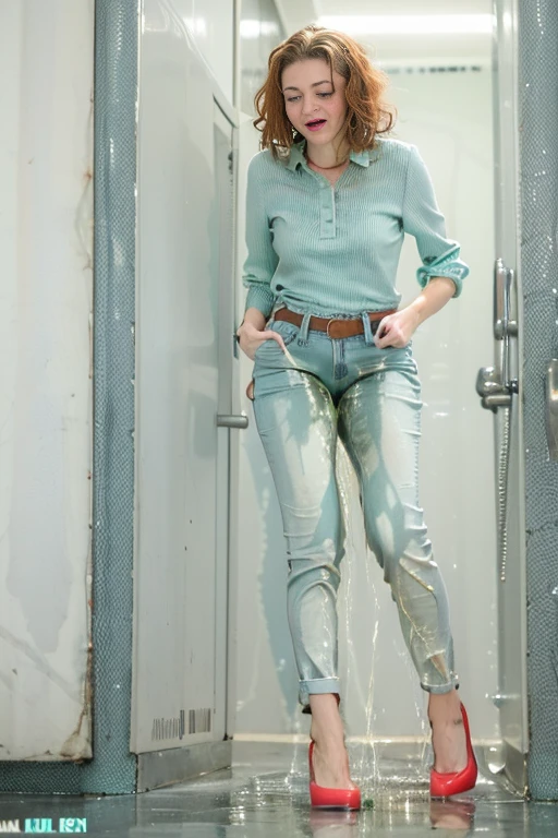 tall thin European woman standing in office, (((white office pants))), (mint green blouse), black belt, (white high heels), (((bright lighting))), (((show heels))),  (short curly red hair), blue eyes,  inviting smile, carnal, peeing her jeans, jeans wet with pee down the legs, pee, peeing, self wetting, wetting self, shoes wet with pee, shoes filled with pee, standing in puddle of pee, thighs wet with pee, (shins wet with pee), ((jeans are shiny wet with pee)), jeans legs wet with pee, front pockets wet with pee, (pee following folds on front of jeans), ((jeans legs really soaked in pee)), pee spreading down legs, pee spreading on shins