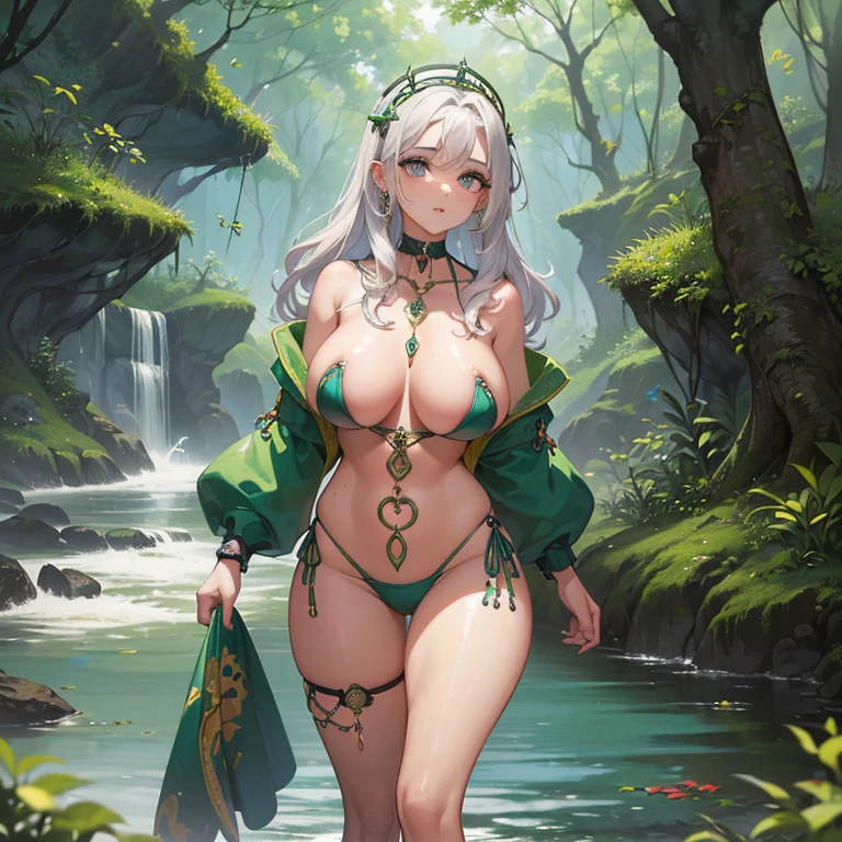 Sensual elf smiling from behind, with her private parts marked on her clothes by the water, showing her enormous wide and tight butt, with an angelic face with wet hair, exhausted, ultra realistic, hands behind her head: with semi-transparent costume very tight. Semi-transparent clothing, semi-transparent green and white clothing with gold details. A thin elf but with a curvy silhouette, with very wide hips and a tiny, super realistic waist. Her porcelain white skin shining under the natural light of the forest. Her beautiful, hyper-detailed, realistic features come to life in this cinematic image. Her voluptuous elven clothing clings to her body, showing off her perfect anatomical measurements and super-resolution details. The clothes are tight accentuating every curve of her, beads of sweat with detail on her skin, held by a spear-type sword between her hands, with elven details when holding it with both hands, her muscles that are gently marked on the abdomen and with many nuances. super feminine... The setting is a serene forest, with dappled sunlight filtering through the trees, casting an ethereal glow on the scene. (3:3 - 16:9 - q (no mutations, no double members,)
