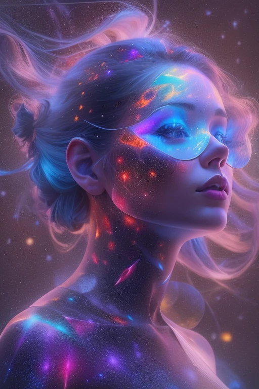 （multiple exposure：1.8），Dubrec style，Girl virtual holographic digital avatar，Futuristic magnificent starry sky image foreground，psychedelic starry sky，In space，Complex illustrations in surrealist art style，Surreal dreams，Become an invisible virtual hologram，Transparent person avatar，Virtual holographic digital image，Surreal art, 4K surrealism, Surreal portrait, Beautiful surreal portrait, hyperrealistic digital art, surreal and fantasy art, hyperrealistic digital art, surrealist portrait, Surreal art, Emotional Surreal Art, fantasy surrealism, 8k surrealism, Surreal conceptual art