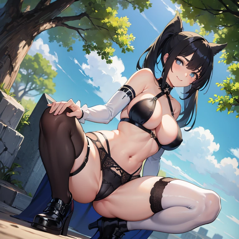 squat, navel, bare shoulders, garter belt, miniskirt, revealing underwear, black hair, bangs covering one eye, ponytail, blue eyes, smile, black eyes, sky, tree, from below, big breasts,