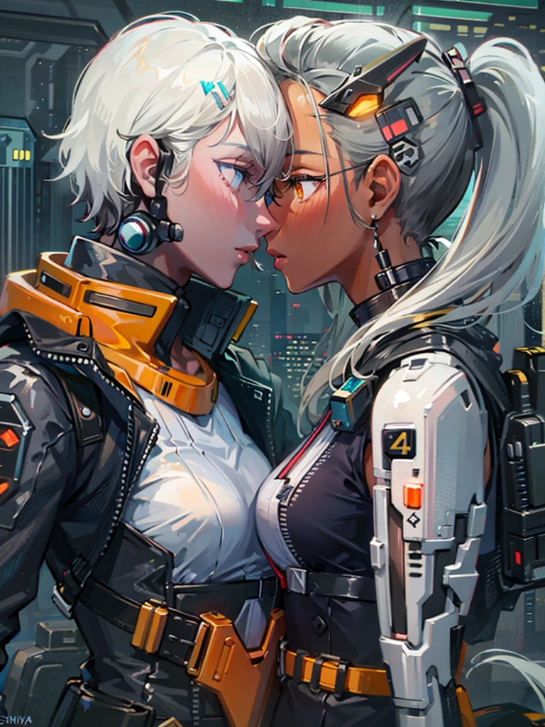 Cyberpunk. Skinny girl. Cyborg. Hold rifle. Flat chest. Orange eyes. Futurist hairstyle. Crop top. White hair. Cyber eyes. Kissing another girl