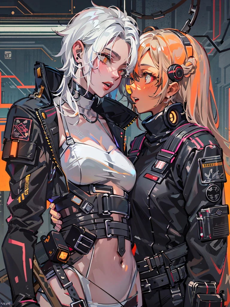 Cyberpunk. Skinny girl. Cyborg. Hold rifle. Flat chest. Orange eyes. Futurist hairstyle. Crop top. White hair. Cyber eyes. Kissing another girl