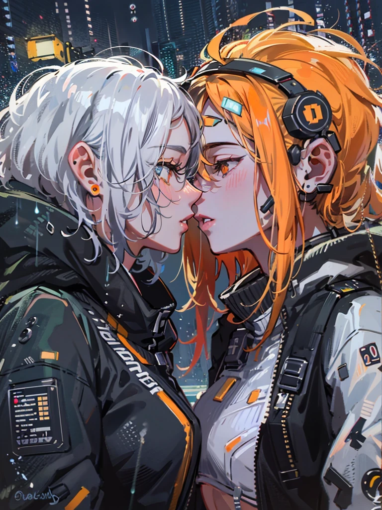 Cyberpunk. Chubby and skinny girls. Cyborg.Orange eyes. Futurist hairstyle. Crop top. White hair. Cyber eyes. Kissing another girl. Rainy night. Partially . NSFW. Cold