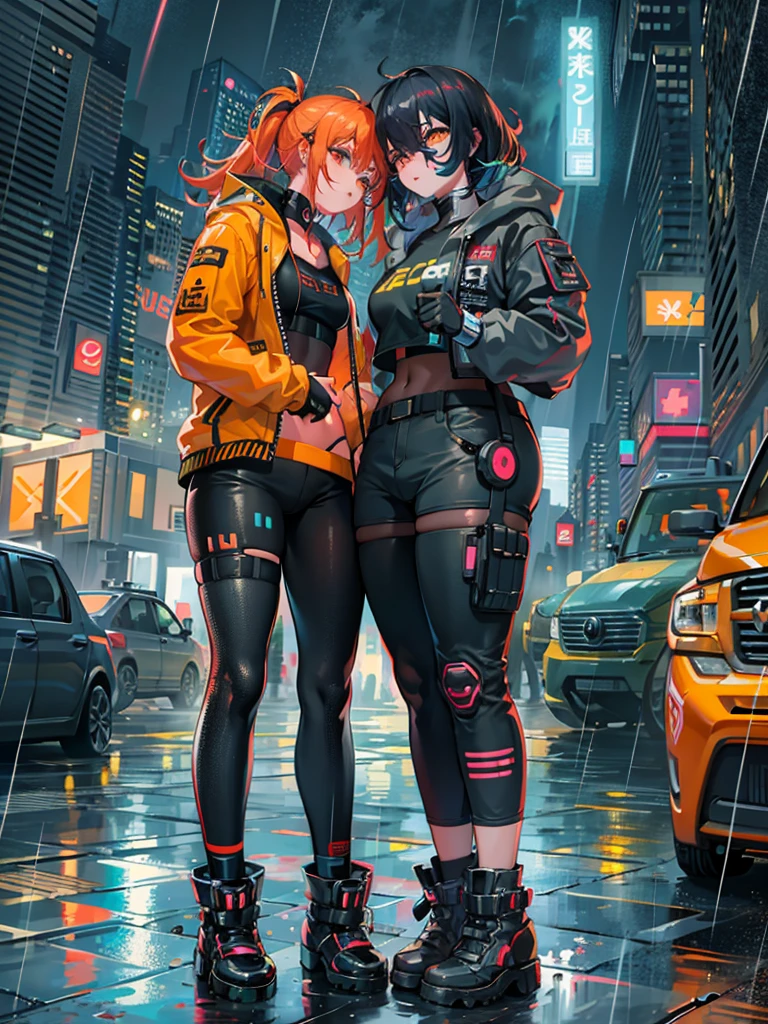 Cyberpunk. Chubby and skinny girls. Cyborg.Orange eyes. Futurist hairstyle. Crop top. Dye hair. Cyber eyes. Kissing another girl. Rainy night. Partially . NSFW. Cold. Full body