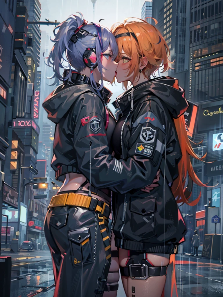 Cyberpunk. Chubby and skinny girls. Cyborg.Orange eyes. Futurist hairstyle. Crop top. Dye hair. Cyber eyes. Kissing another girl. Rainy night. Partially . NSFW. Cold. Full body