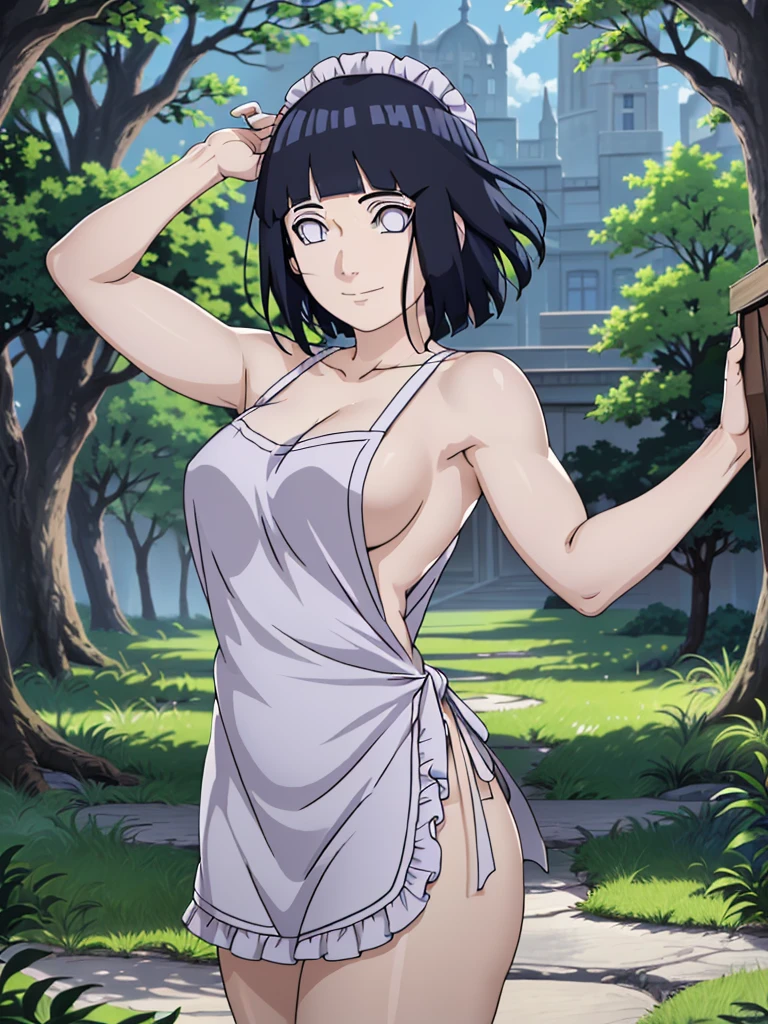 naked wearing white  apron only,, ((thick arm, little biceps)), , stretching , anime style, cute , beautiful , nice body, soft body, (hinata\(boruto\),  (slender body), mature woman , broad shoulders, off-shoulders, (naked wearing white  apron only,  bare arms, bare hands), smile, closed mouth, pale skin, , smile, (dark blue hair color:1.1), wavy hair, floating hair, ((very short hair, hime cut), big breasts,  (perfect eyes, white sciera, bright eyes, white eyes, anime eyes)