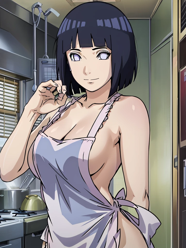 naked wearing white apron only,, ((thick arm, little biceps)), , stretching , anime style, cute , beautiful , nice body, soft body, (hinata\(boruto\), (slender body), mature woman , broad shoulders, off-shoulders, (naked wearing white apron only, bare arms, bare hands), smile, closed mouth, pale skin, , smile, (dark blue hair color:1.1), wavy hair, floating hair, ((very short hair, hime cut), big breasts, (perfect eyes, white sciera, bright eyes, white eyes, anime eyes)
