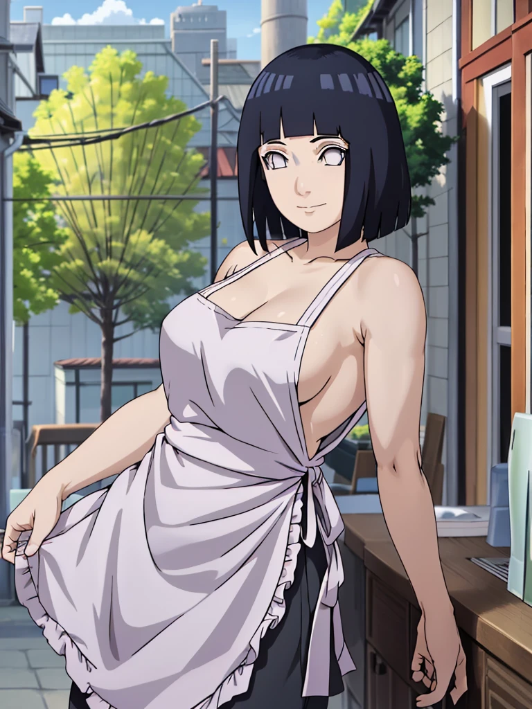 naked wearing white  apron only,, ((thick arm, little biceps)), little biceps, stretching , anime style, cute , beautiful , nice body, soft body, (hinata\(boruto\),  (slender body), mature woman , broad shoulders, off-shoulders, (naked wearing white  apron only,  bare arms, bare hands), smile, closed mouth, pale skin, , smile, (dark blue hair color:1.1), wavy hair, floating hair, ((very short hair, hime cut), big breasts,  (perfect eyes, white sciera, bright eyes, white eyes, anime eyes)