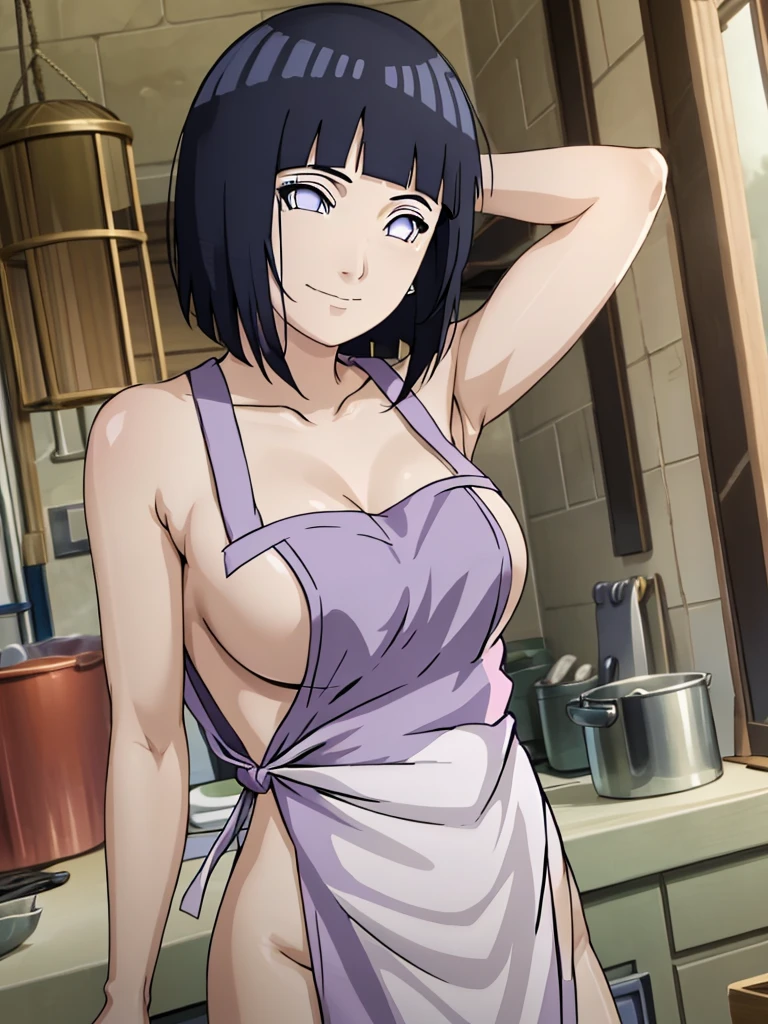 naked wearing white  apron only,, ((thick arm, little biceps)), little biceps, stretching , anime style, cute , beautiful , nice body, soft body, (hinata\(boruto\),  (slender body), mature woman , broad shoulders, off-shoulders, (naked wearing white  apron only,  bare arms, bare hands), smile, closed mouth, pale skin, , smile, (dark blue hair color:1.1), wavy hair, floating hair, ((very short hair, hime cut), big breasts,  (perfect eyes, white sciera, bright eyes, white eyes, anime eyes)