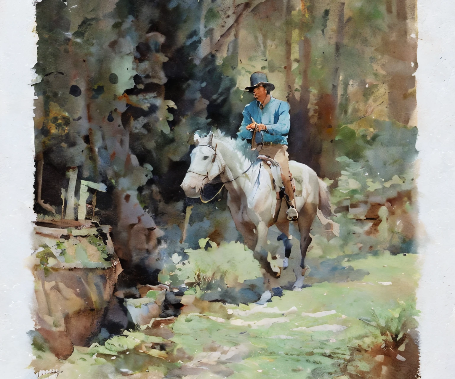 painting of a man riding a horse in a rocky area, inspired by Frederic Remington, inspired by N. C. Wyeth, inspired by N.C. Wyeth, western painting, oil on board, by Charles Mahoney, by Esteban Vicente, by Andrew Robinson, by Max Dauthendey, gouache on canvas, gouache on paper, by Gerald Kelley