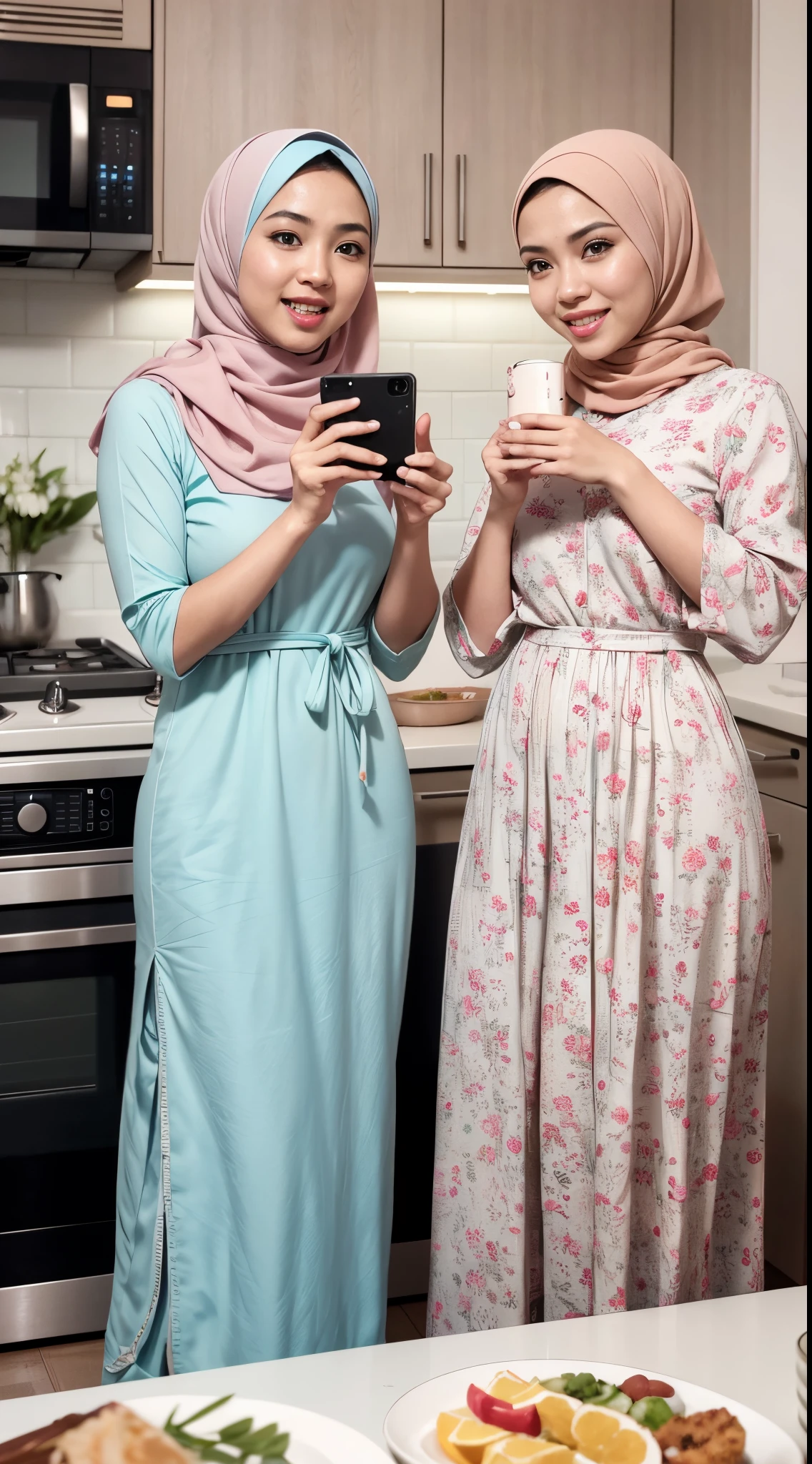RAW, Best quality, high resolution, masterpiece: 1.3), 2 beautiful Malay woman in hijab (iu:0.8),2 beautiful malay girl in pastel color hijab taking picture in modern kitchen, wear pastel blue and white floral pattern baju kurung,big breasts,friendly and laughing situation, laughing, happy, modern pastel color kitchen, detailed skin texture, soft lighting, pastel color theme, high quality, movie shot framing, ultra detail, 8k, 8mm, Close-up shot, cool-toned color grading, depth of field, film noir, high quality, ultra detail, 8k resolution,,