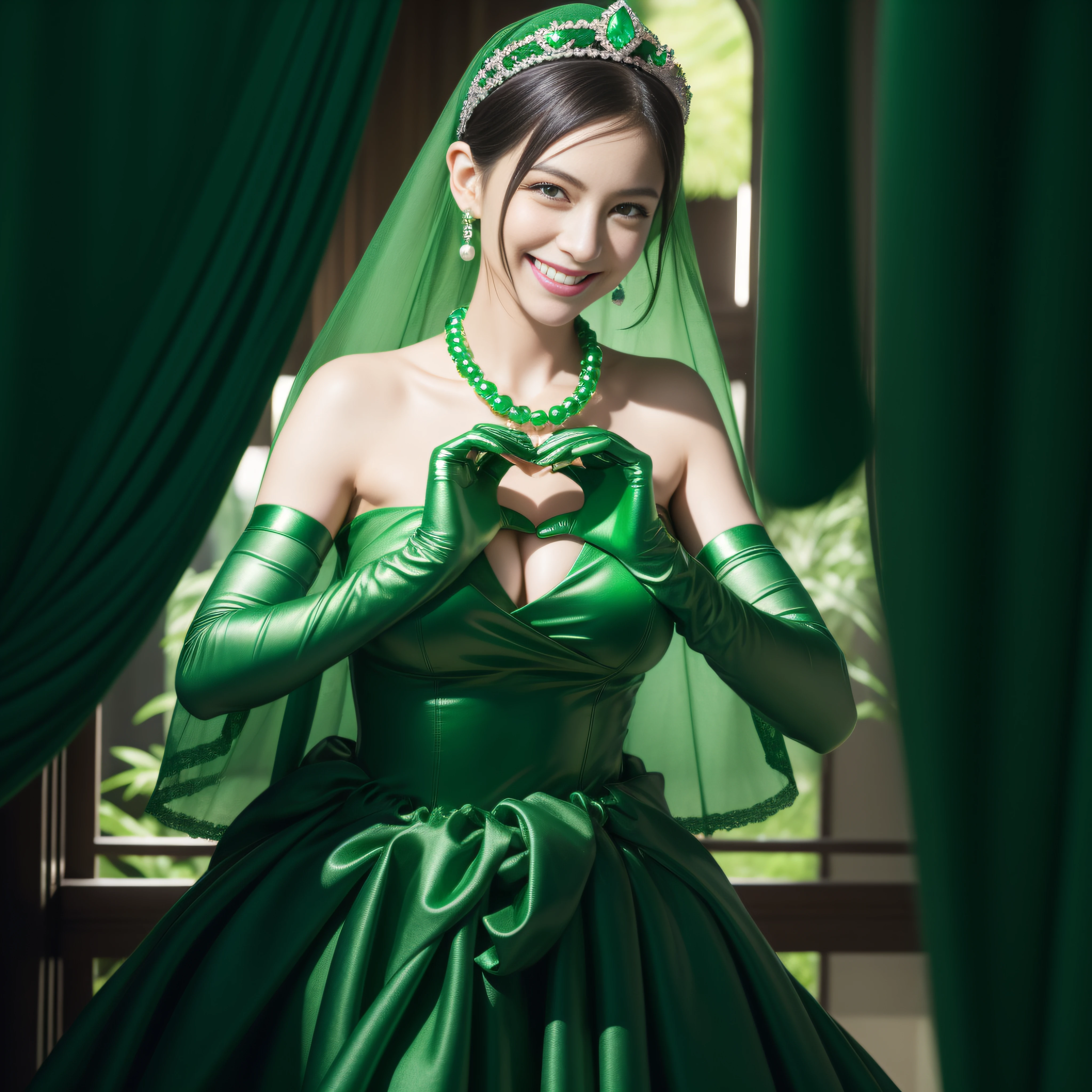 emerald tiara, Green Pearl Necklace, Boyish very short black hair, lipsticks, Japan woman smiling, very short short hair,  big breasts beautiful, Green eyes, Long green gloves made of satin material, Green eyes, Emerald Earrings, green vale, Heart with both hands