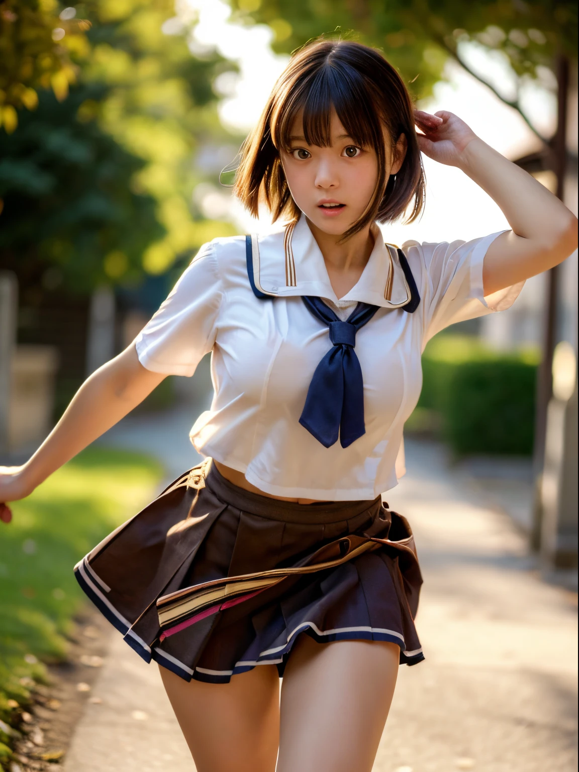 masterpiece, best quality, hyper detailed, alley, , lolie and big boobs, schoolgirl, short hair, brown hair, undone clothing, school uniform, underwear, open crothes, japanese, kawaii, photorealistic, cowboy shot, golden hour, running at full speed, scared, panicking, fear, overall skirt, skirt lift, panties