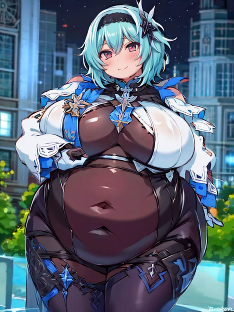 fat eula, 1girl, blue hair, short hair, black thighhighs, thick thighs, fat body, hairband, bangs, symmetry eyes, cityscape, night, detailed face, medium breasts, (looking at viewer:1.2), black kneehighs, pantyhose, smooth chin, (ulzzang-6500:0.7), (smile:0.9), (upper body:1.2), closed mouth, game cg, rendering, (photorealistic:1.2), fully naked,sweaty body,big boobs,pink, obese body, big cheeks, cute and fat face