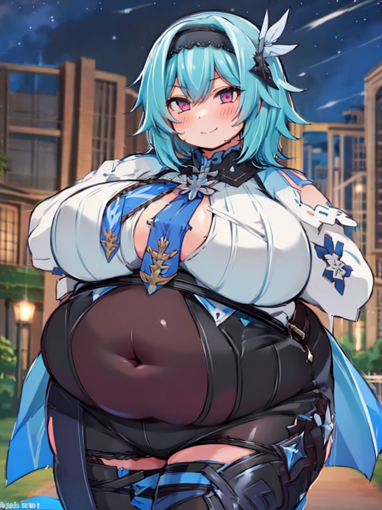 fat eula, 1girl, blue hair, short hair, black thighhighs, thick thighs, fat body, hairband, bangs, symmetry eyes, cityscape, night, detailed face, medium breasts, (looking at viewer:1.2), black kneehighs, pantyhose, smooth chin, (ulzzang-6500:0.7), (smile:0.9), (upper body:1.2), closed mouth, game cg, rendering, (photorealistic:1.2), fully naked,sweaty body,big boobs,pink, obese body, big cheeks, cute and fat face