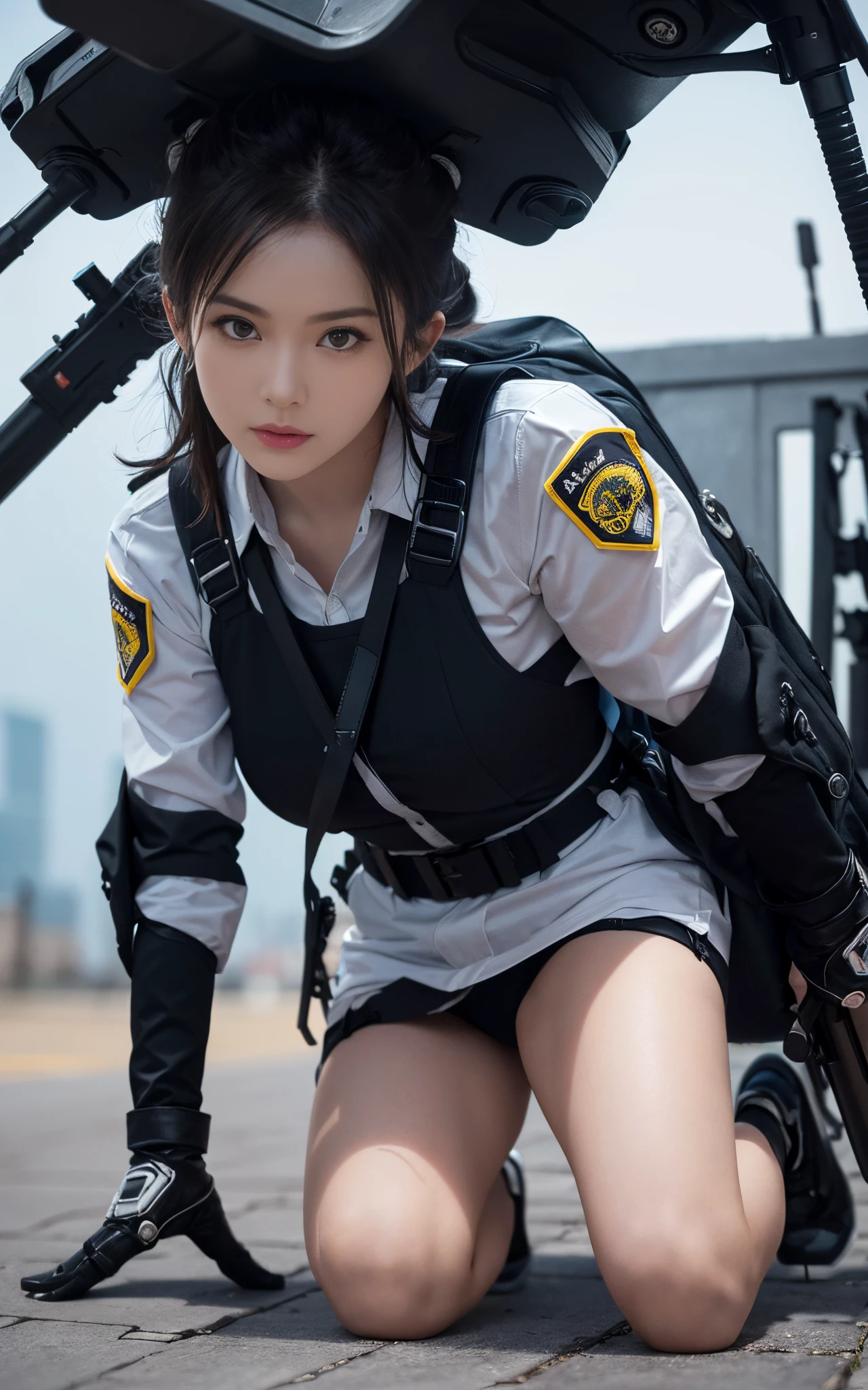 Highest image quality, outstanding details, ultra-high resolution, (realism: 1.4), ((close up:0.75, from front)), Photorealistic, highly condensed 1 lady, full body, sitting on the floor with one knee raised, Combat pose, (Detailed face), looking at the camera, (wearing nylon rash-guard as police uniform, gloves, black and grey mecha, military harness, holding a machinegun, carrying hich-tech-backpack), background grey, Fingers are occluded