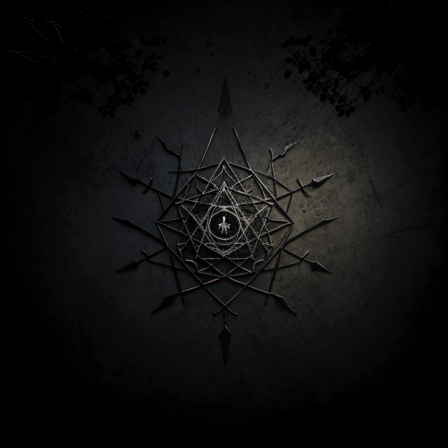 [Ancient occult sigil of a dead tree of life]::3, [an ancient sword entangled in its roots]::3. [dead branches and roots are symmetrical and wild]::1.5. Sharp edges and strong bevels::4. esoteric::1.5 Black Vector Art::3, Logo::4, Symbol::4, Dark::2, Occult::4, Line art::4, Tattoo::2, in the style of H.P. Lovecraft