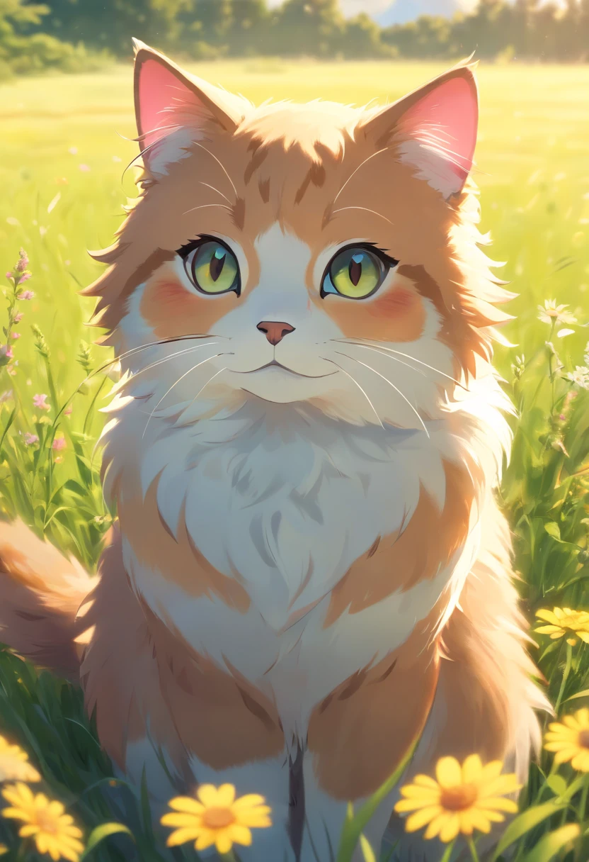 scotish fold cat,meadow,warm sunlight,happiness,fluffy fur,(best quality,4k,8k,highres,masterpiece:1.2),ultra-detailed,(realistic,photorealistic,photo-realistic:1.37),vibrant colors,portraits,soft lighting