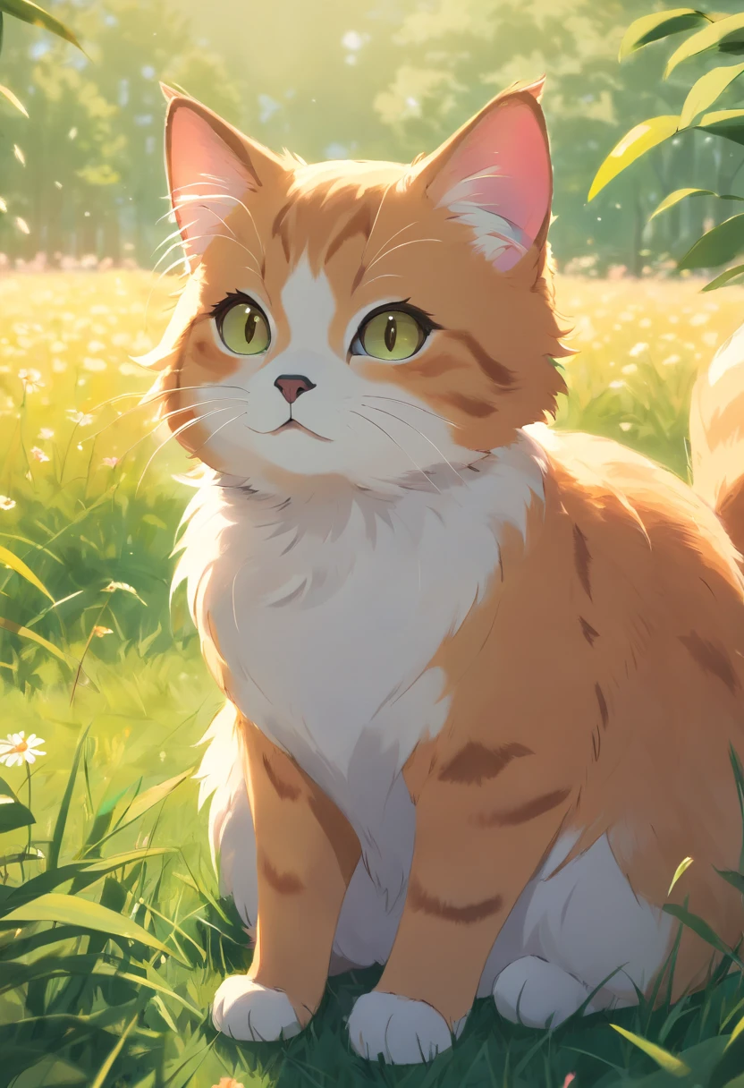 scotish fold cat,meadow,warm sunlight,happiness,fluffy fur,(best quality,4k,8k,highres,masterpiece:1.2),ultra-detailed,(realistic,photorealistic,photo-realistic:1.37),vibrant colors,portraits,soft lighting