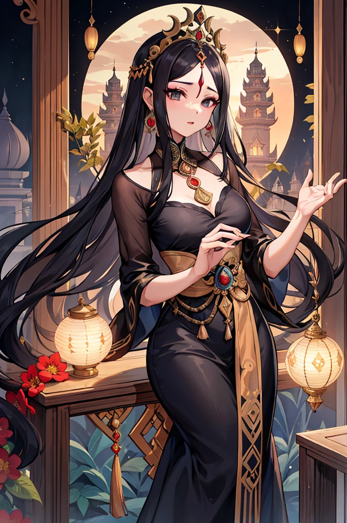 Roro Jonggrang is a legendary figure from Javanese folklore who is renowned for her exceptional beauty. According to tradition, she is said to have possessed a fair complexion, long dark hair, and enchanting black eyes. She is often depicted wearing traditional Javanese attire, which consists of a long kebaya blouse and a skirt that drapes elegantly over her frame. Roro Jonggrang's appearance is often likened to that of a goddess, with delicate features and a regal presence that immediately commands respect. Her beauty is celebrated across Indonesia and has inspired countless works of art throughout the centuries., absurdres, high-res, ultra-detailed,