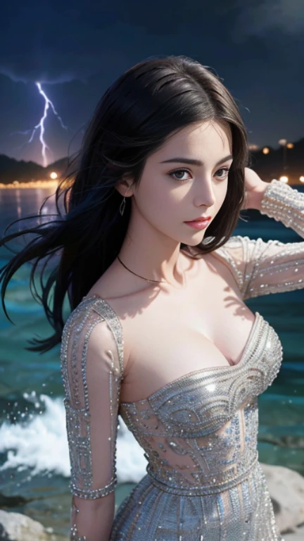 &Quot;((oficina)), qualidade perfeita, gordura, Abaulamento, corpo inteiro, beleza estonteante, Jeanfavonian, seios pequenos, (Anime de alta qualidade, Makoto Shinkai), irritado, corar, Standing on the street near the river next to the village, hands on the chest, Looking at the Viewer, sem manoplas. Cabelo curto soprando ao vento, the background is simple and blue, and the gaze is directed downward at a low angle, a bright lightning bolt.