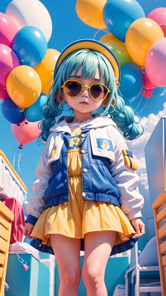 Loli menino, bonita e fofa, wearing blue sunglasses, jaqueta amarela, moletom branco, lots of colorful balloons, babyface, estilo chibi, cabelo vermelho e azul de duas cores, braided hair ponytail, olhos de detalhe perfeito, rosto delicado, CG perfeito, qualidade de imagem HD, Colorful balloons, heaven, --auto --s2