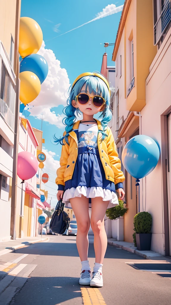 Loli menino, bonito e fofo, wearing blue sunglasses, jaqueta amarela, moletom branco, lots of colorful balloons, face, Estilo Chibi, cabelo vermelho e azul bicolor, braided ponytail, olhos de detalhe perfeito, rosto delicado, CG perfeito, Qualidade de imagem HD, Colorful balloons, heaven, a white truck parked in front of a building,