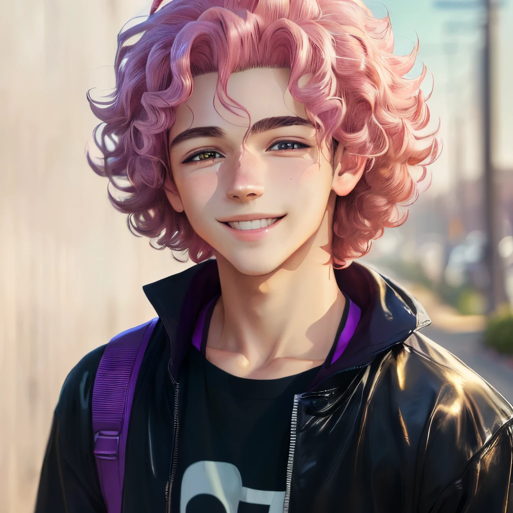 (best quality,4k,8k,highres,masterpiece:1.2),ultra-detailed,(realistic,photorealistic,photo-realistic:1.37),anime style,18-year-old boy with curly pink hair, loose black and purple clothes, serene and smiling expression, detailed red eyes